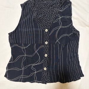 Vintage Retro Classic Navy Blue Sleeveless Button-Up Vest Top